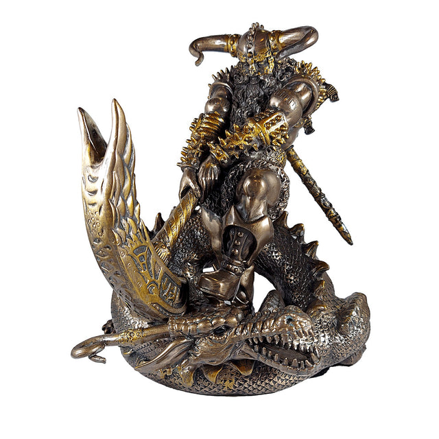 Thor Slaying Midgard Dragon With Mjolnir Hammer statue for Norse mythology decor, collector display, and fantasy home styling.
