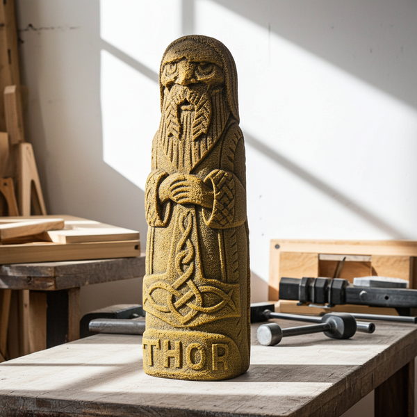 Thor volcanic stone statue figurine for home decor, altar display, and Norse mythology collection.