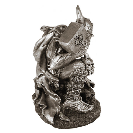 Thor wielding Mjolnir hammer figurine for Viking decor, mythological collection display, and home altar use.