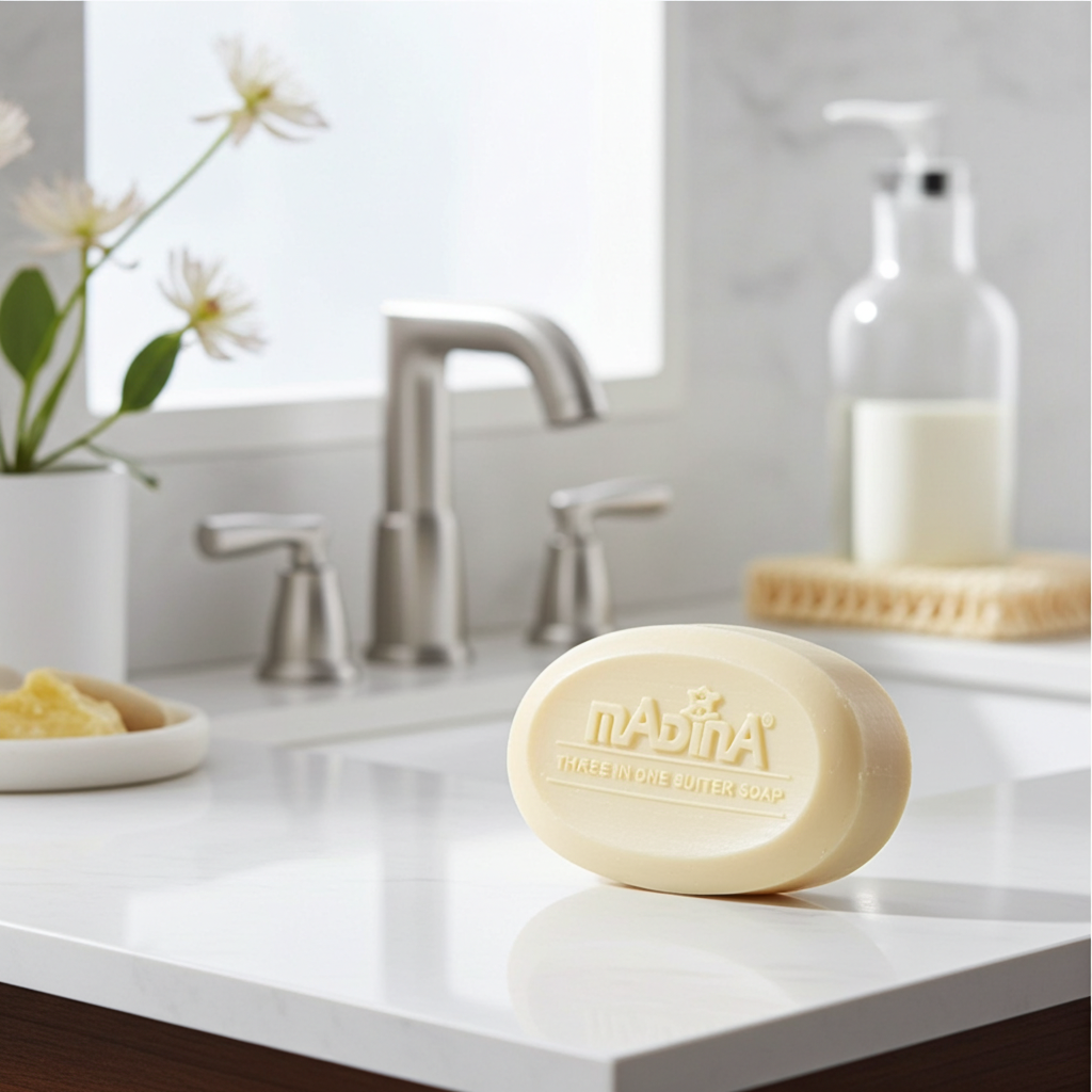 Madina Three in One Butter Soap bar for skincare, body cleansing, and regular bath routines.