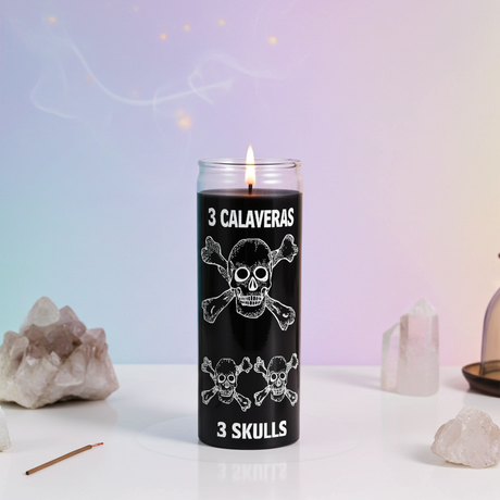 Three Skulls black 1 color 7 day candle in glass jar for spiritual rituals, altar work, and intention setting.