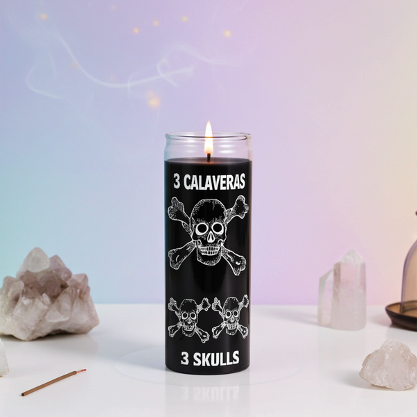 Three Skulls black 1 color 7 day candle in glass jar for spiritual rituals, altar work, and intention setting.