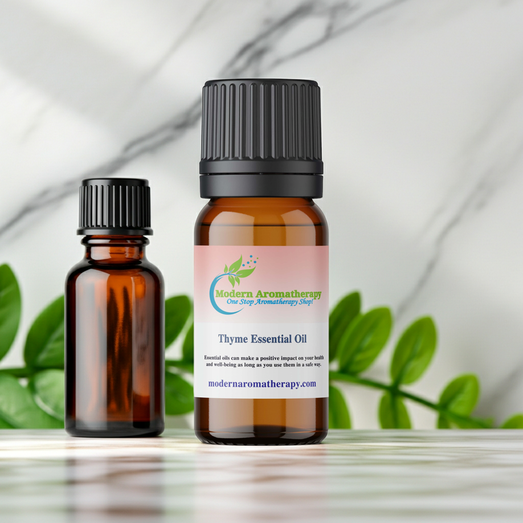 Thyme essential oil dropper bottle for wellness support aromatherapy, respiratory comfort, and natural cleaning formulations.
