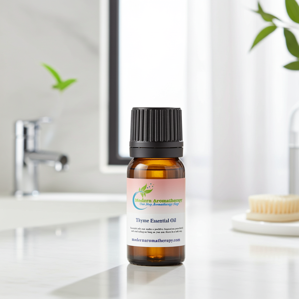 Thyme essential oil bottle for natural cleaning, respiratory comfort, and nourishing herbal aromatherapy blending.