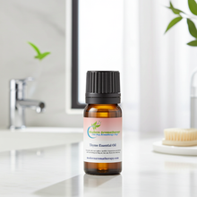 Thyme essential oil bottle for natural cleaning, respiratory comfort, and nourishing herbal aromatherapy blending.