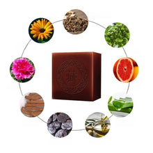 Tibetan Herbal Handmade Black Soap bar with circular natural element images on white background.