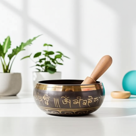 Tibetan singing bowl with wooden striker for yoga sessions, relaxation, and calming sound therapy.