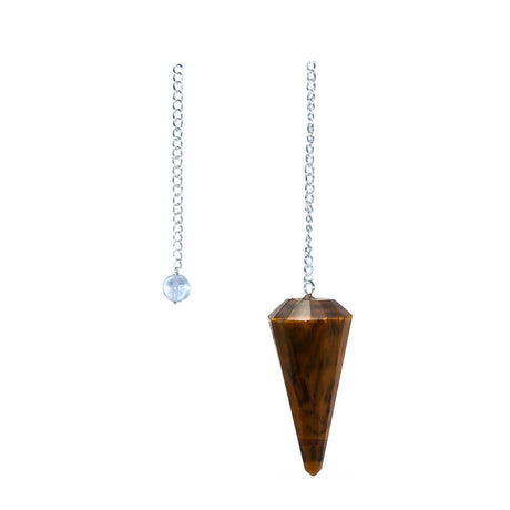 Tiger's eye 6-sided faceted pendulum with pewter accents on an 8-inch chain for dowsing