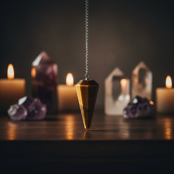 Tiger's eye 6-sided faceted pendulum with pewter accents on an 8-inch chain for dowsing
