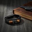 Tiger Eye black leather men’s bracelet with natural stone beads for everyday wear, casual styling, and fashion accessorizing.