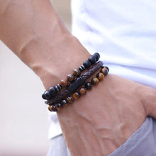 Tiger eye, onyx, and leather bracelet set for men with bead bracelets and leather wraps for casual dressing, accessory layering, and everyday fashion use.