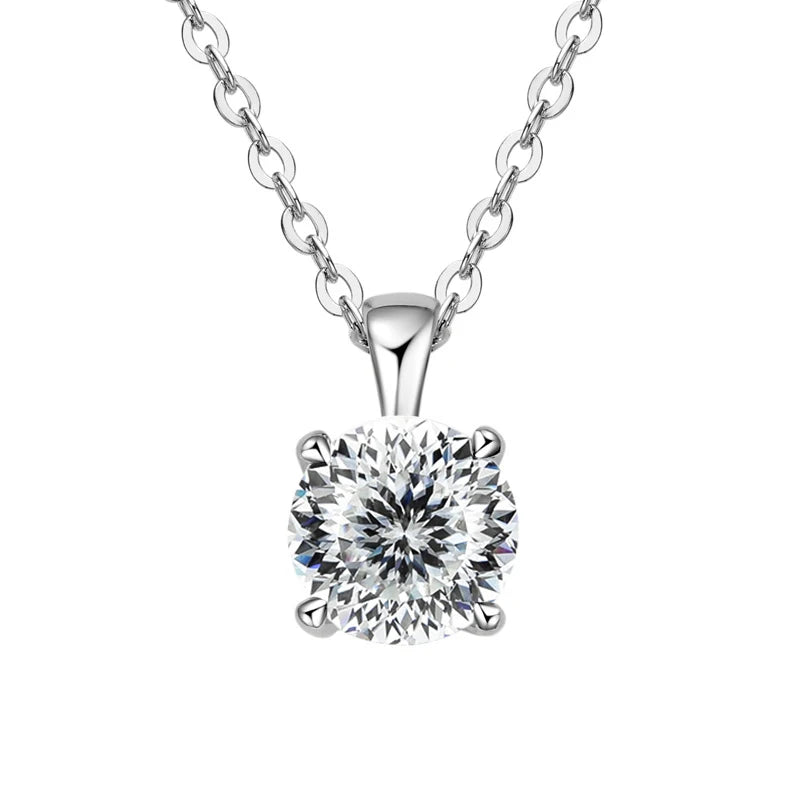 Timeless solitaire moissanite pendant necklace with four-prong setting for elegant daily use, weddings, and anniversaries.