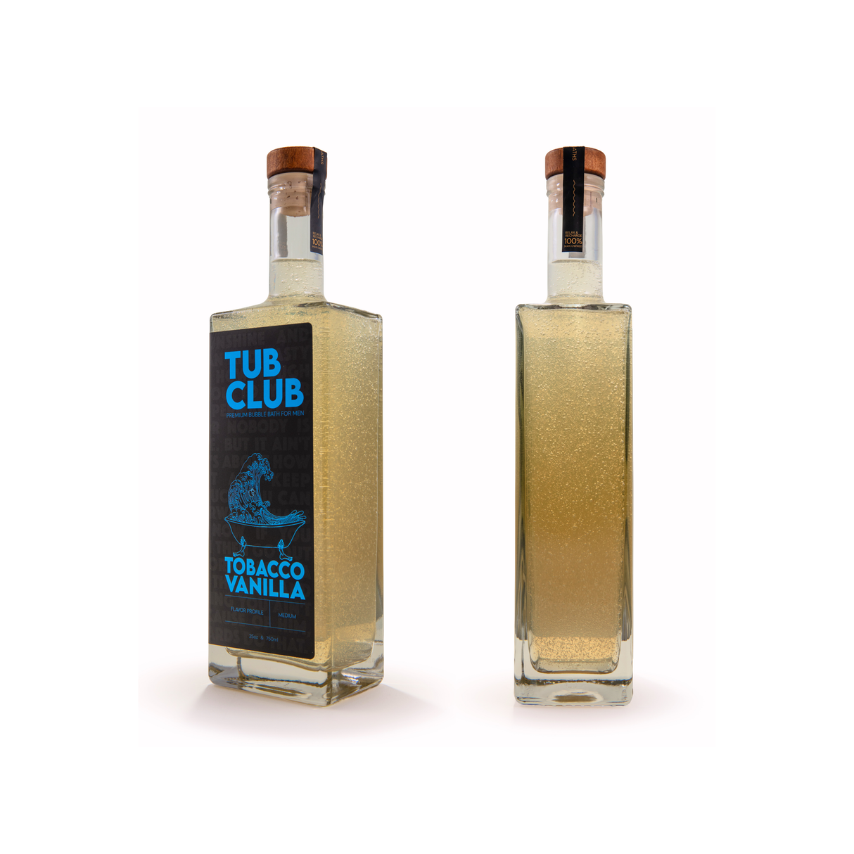 Tub Club Tobacco Vanilla bubble soak bottle for bubble bath soaking, warm bath relaxation, and body care use.