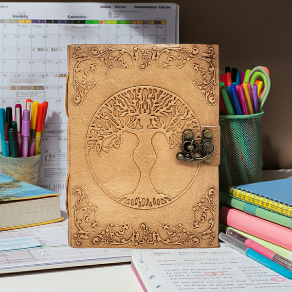 Tree Goddess leather journal with latch closure for writing, sketching, and daily journaling.