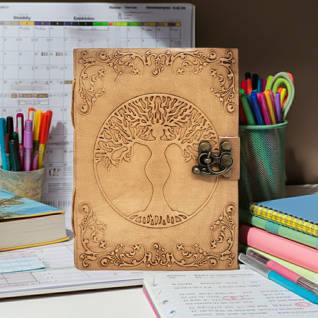 Tree Goddess leather journal with latch closure for writing, sketching, and daily journaling.