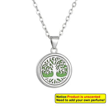 Tree of Life aromatherapy locket jewelry for holding fragrance pads and essential oils for daily relaxation use.