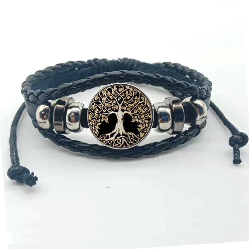 Tree of Life braided leather wrap bracelet with layered strands for bohemian styling and everyday accessory use.