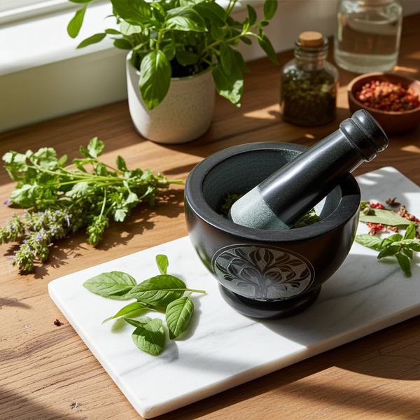 Tree of Life carved black soapstone mortar and pestle set for grinding herbs, spices, and small batches of powders.