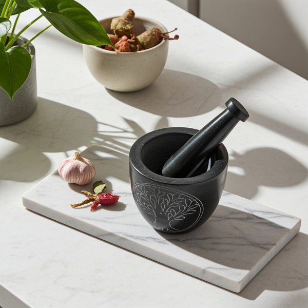 Tree of Life carved mortar and pestle set for grinding herbs, spices, and incense in kitchen or ritual use.