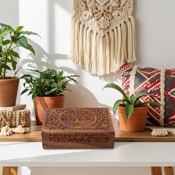Tree of Life carved wood box in 5" x 7" size for storing keepsakes, jewelry, and small personal treasures.