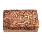 Tree Of Life carved wooden box in 4" x 6" size for storing keepsakes, jewelry, and small valuables.