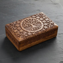 Tree Of Life carved wooden box in 4" x 6" size for storing keepsakes, jewelry, and small valuables.