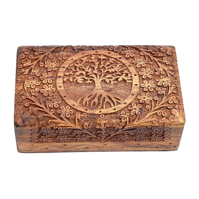 Tree Of Life carved wooden box in 4" x 6" size for storing keepsakes, jewelry, and small valuables.