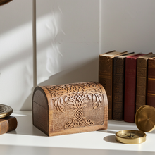 Tree of Life carved wooden chest storage box for keepsakes, jewelry, and home decor organization.