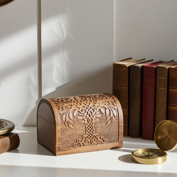Tree of Life carved wooden chest storage box for keepsakes, jewelry, and home decor organization.