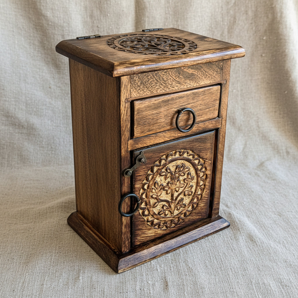 Tree of Life carved wooden herb chest for storing herbs and small ritual items, closed view