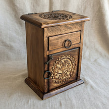 Tree of Life carved wooden herb chest for storing herbs and small ritual items, closed view