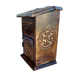 Tree of Life carved wooden herb chest interior compartments, open view