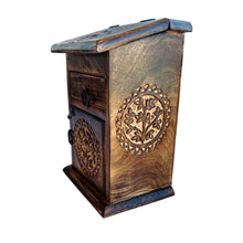 Tree of Life carved wooden herb chest interior compartments, open view