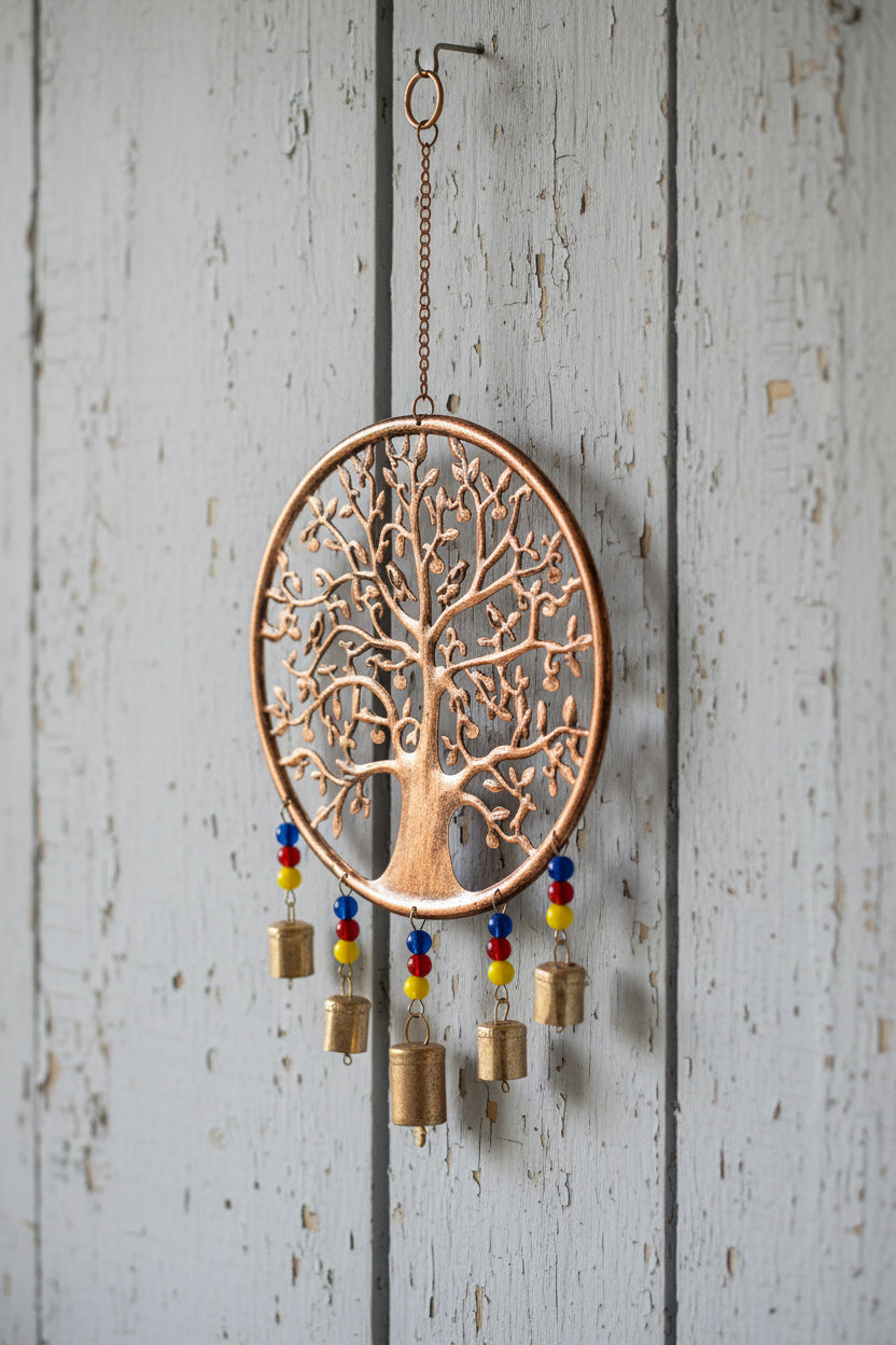 Tree of Life wind chime with bells and beads for outdoor decor and meditation spaces