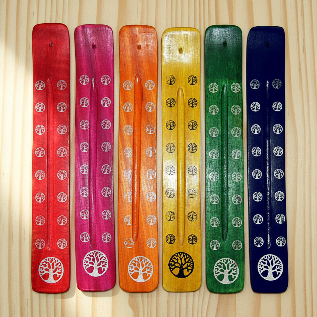 Tree of Life colorful painted wood ash catcher for incense stick burning