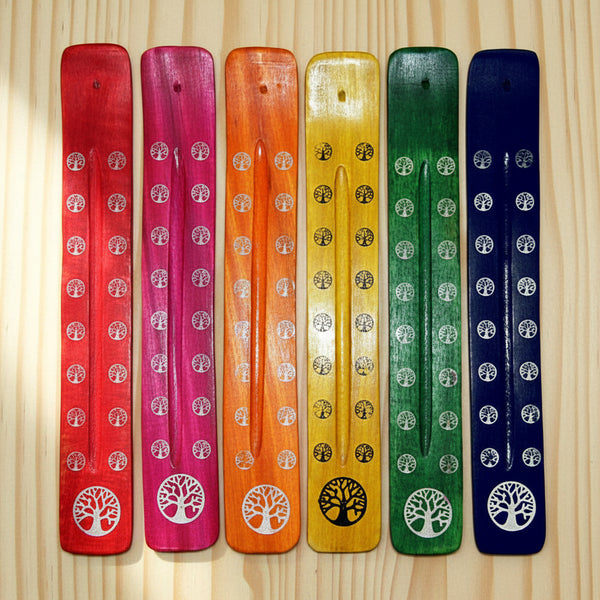 Tree of Life colorful painted wood ash catcher for incense stick burning