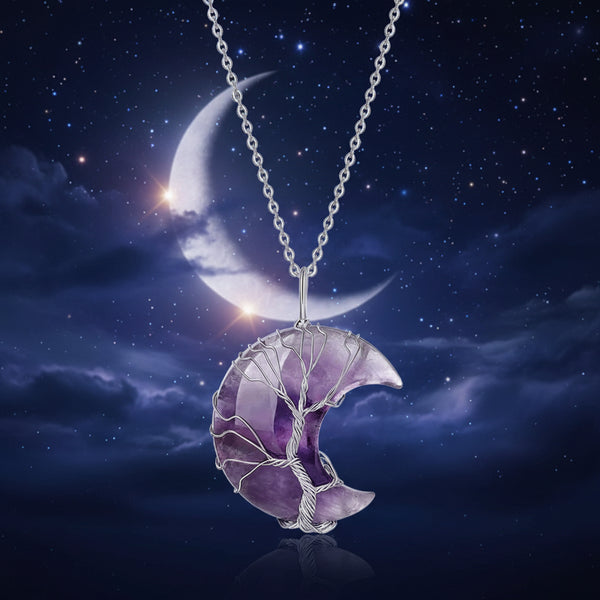 Tree of Life Crescent Moon Crystal Necklace pendant necklace for everyday wear, spiritual style, and gift giving.