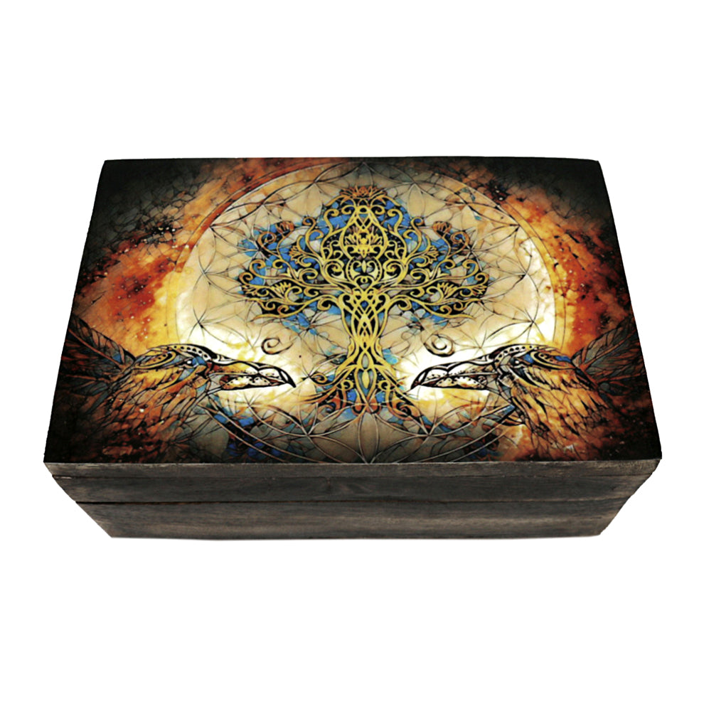 Tree of Life with Crows wooden box in 4" x 6" size for storing keepsakes, jewelry, and small personal items.