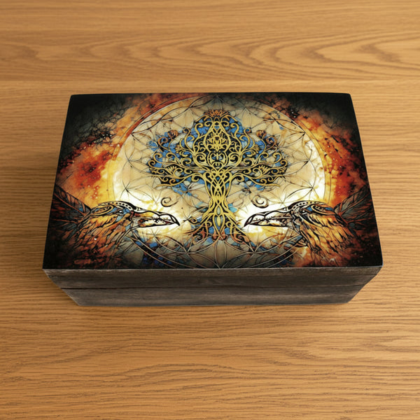 Tree of Life with Crows wooden box in 4" x 6" size for storing keepsakes, jewelry, and small personal items.