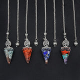 Tree of Life crystal pendulum necklace with hexagon stone pendant for meditation, healing rituals, and intuitive guidance.