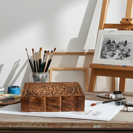 Tree of Life decorative wood box for organizing small valuables, spiritual tools, and keepsake items.
