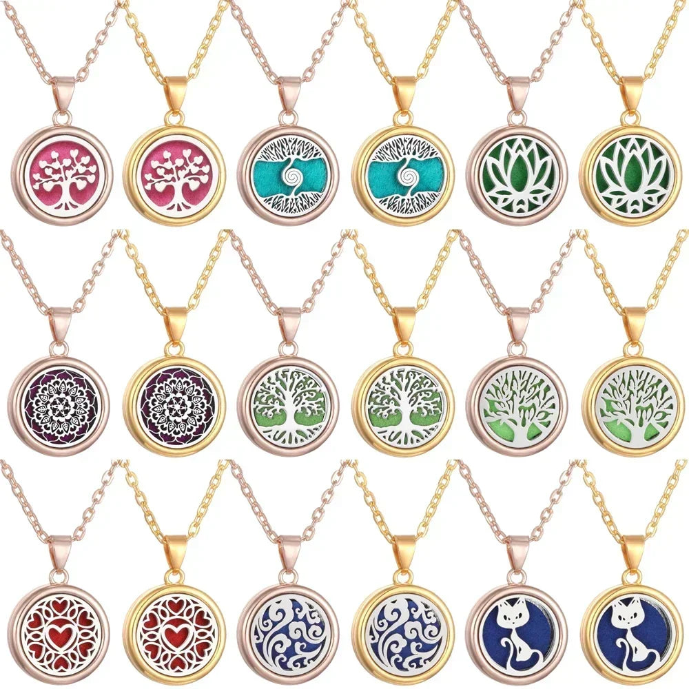 Tree of Life essential oil diffuser necklace pendant for aromatherapy, calming fragrance wear, and personal wellness use.