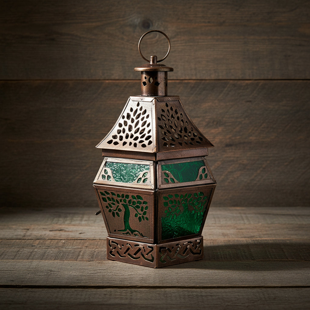 Tree of Life Glass & Metal Lantern for candlelight and altar decor