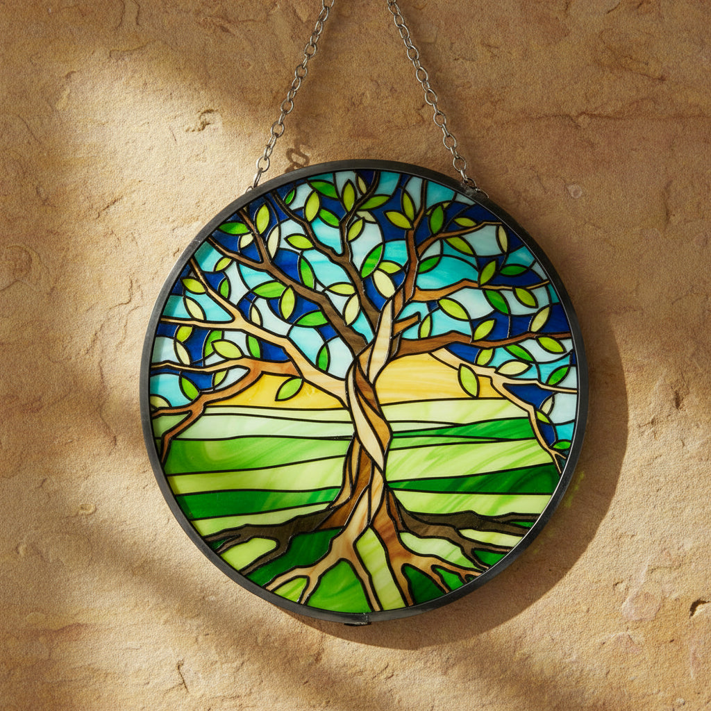 Tree of Life glass suncatcher for window display and garden decor