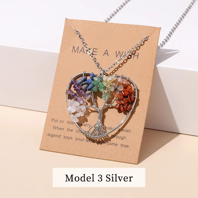 Tree of Life healing crystal pendant with chakra stones for wellness support, mindfulness, and holistic practice.