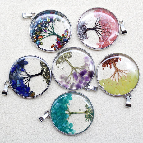 Tree of Life healing stone pendants set of 6 for crystal jewelry making, spiritual accessories, and thoughtful present giving.