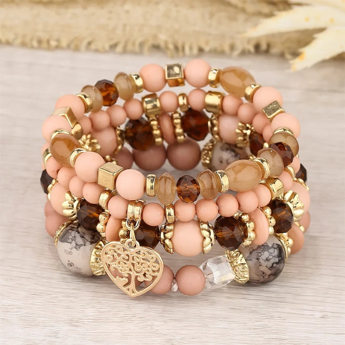 4Pcs Tree of Life Heart Bracelet Set in a layered jewelry bracelet style for everyday accessorizing, wrist stacking, and gift giving.