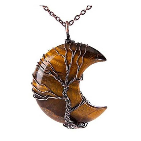 Tree of Life Crescent Moon Crystal Necklace gemstone jewelry necklace for spiritual practice, bohemian outfits, and everyday accessorizing.