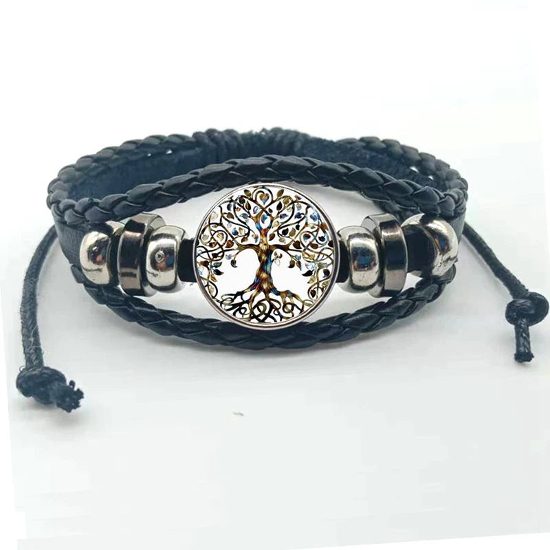 Tree of Life multilayer leather charm bracelet with layered bands for casual fashion wear and everyday accessory styling.