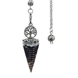 Tree of Life pendulum crystal point necklace with hexagon gemstone pendant for divination, chakra work, and mindful use.